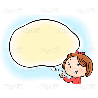 happy little girl pointing to speech bubble