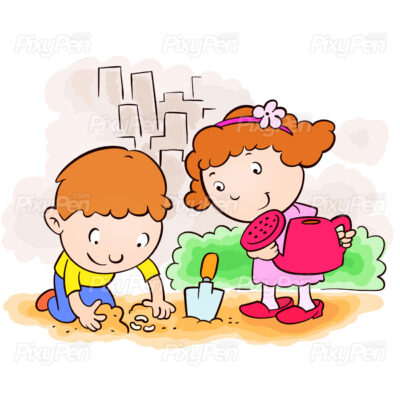 happy cute kids gardening and planting cartoon clipart vector illustration