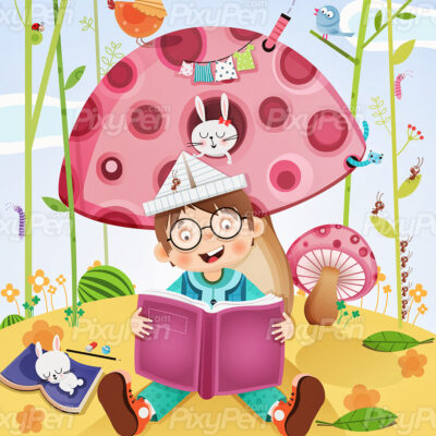 happy cute little boy reading a book. vector cartoon clipart on a kid reading book. he is reading an amazing storybook and has a beautiful fantasy in a forest