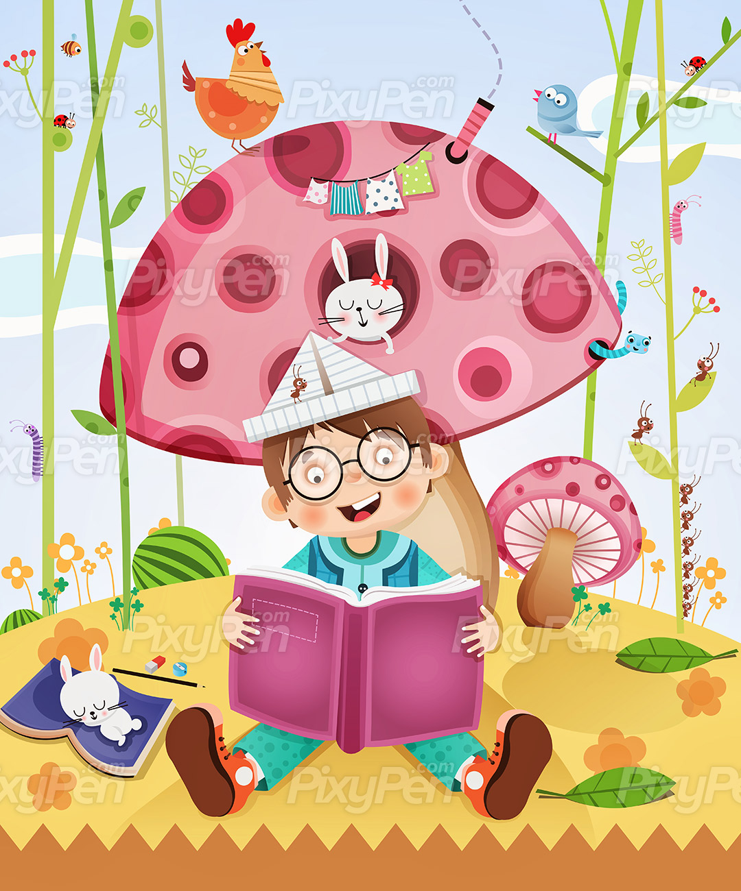 Happy Cute Little Boy Reading Book • Vector Cartoon Clipart • PixyPen