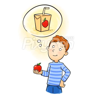 Cute boy student thinking in apple juice. Concept of inspired person who wants to start making products.