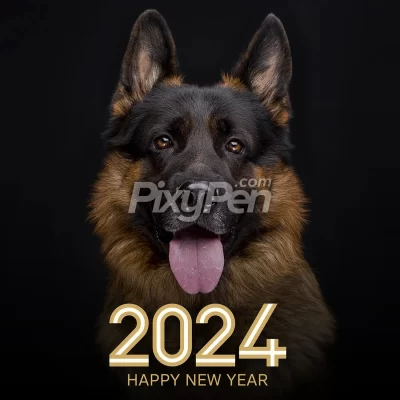 happy new year 2024 wallpaper, background, and greeting card with dog image German Shepherd breed