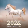 happy new year 2024 with horse image akhal-teke breed