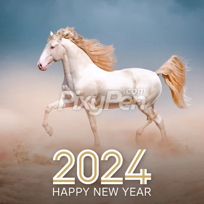 happy new year 2024 with horse image akhal-teke breed