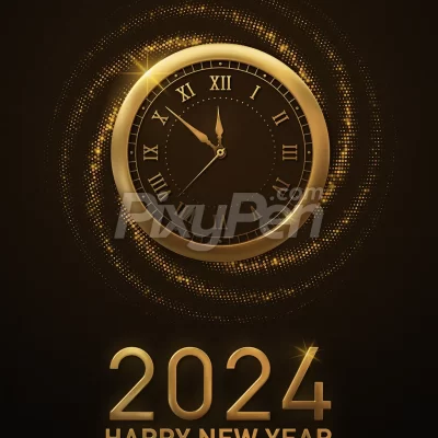 happy new year 2024 countdown loading clock with golden element and glitter sparkle effect