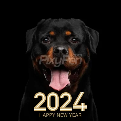 happy new year 2024 wallpaper, background, and greeting card with dog image Rottweiler breed