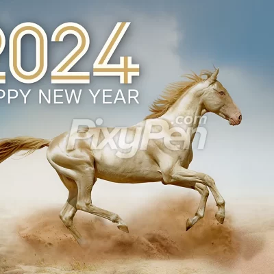 happy new year 2024 wallpaper with horse image in the background