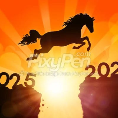 Horse jumping from “2025” to “2026” against a sunrise — Happy New Year 2026 horse image with Chinese New Year animal zodiac