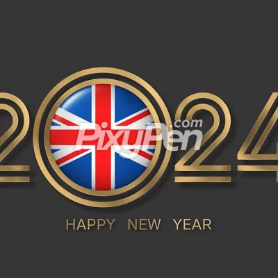 happy new year 2024 UK with flag of United Kingdom (British flag)