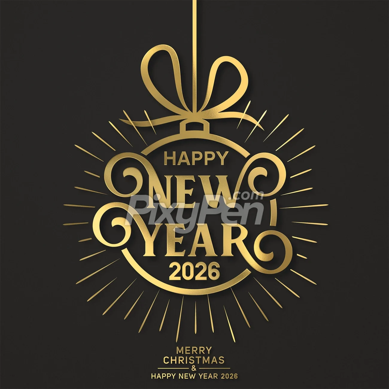 Merry Christmas and Happy New Year 2026 clipart and greeting card with dark background and transparent PNG