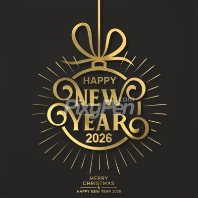Merry Christmas and Happy New Year 2026 clipart and greeting card with dark background and transparent PNG