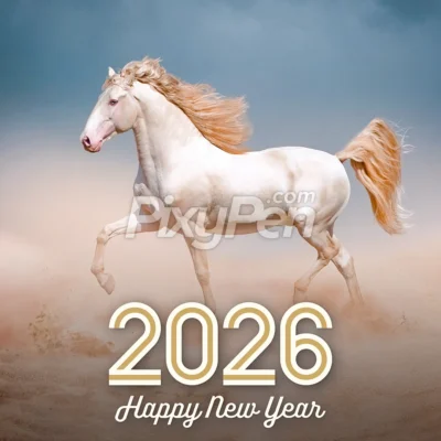 a beautiful happy new year 2024 with horse image in the background